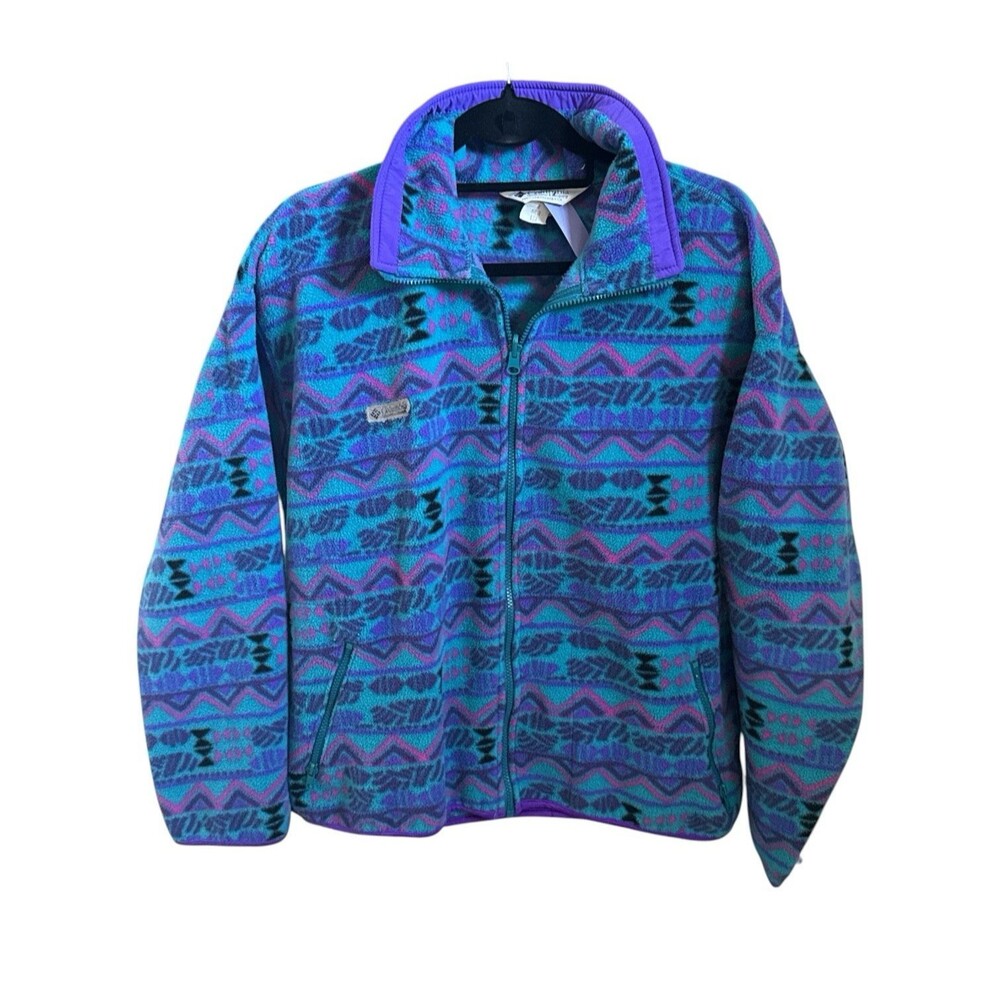 Vintage 90s Columbia Fleece Jacket XL Multi Aztec Geometric Full Zip USA Retro